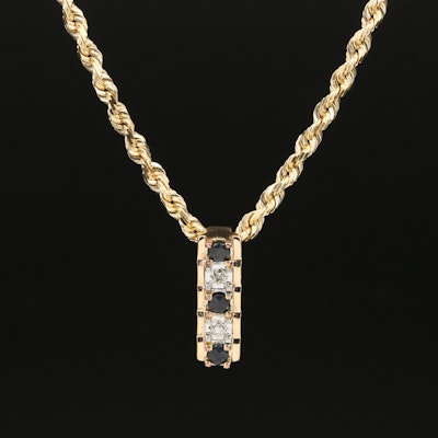 Sterling Diamond and Sapphire Bar Pendant on 14K Rope Chain Necklace
