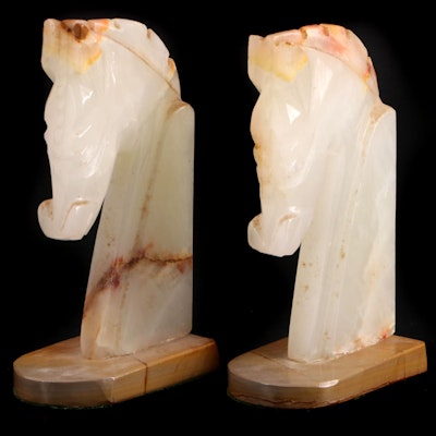 Pair of Mid Century Modern Style Carved Onyx Trojan Horse Head Bookends