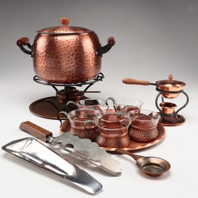 Mid Century Modern Hammered Copper Plated Fondue Pot and Tableware