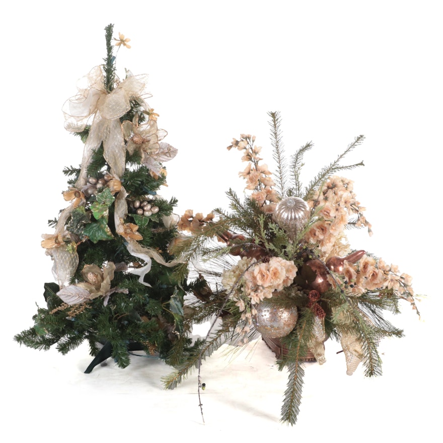 Gold Ornamented Faux Christmas Tree and Floral Display