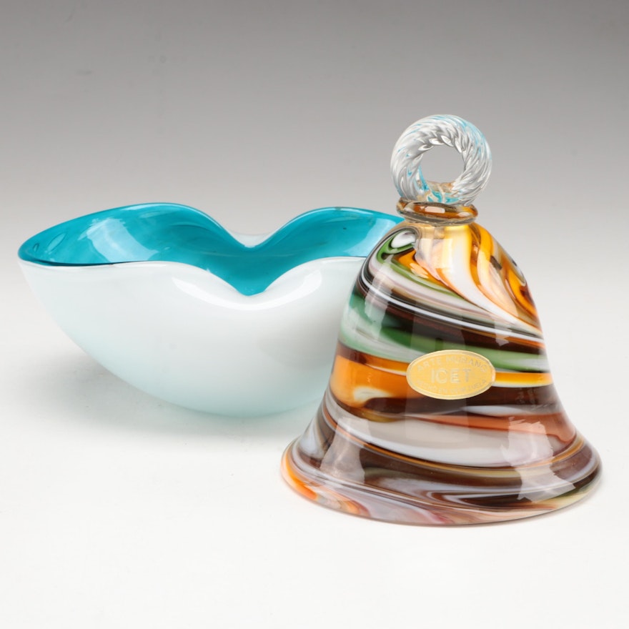 Murano Blown Cased Art Glass Bowl with ICET Multicolor Swirled Art Glass Bell