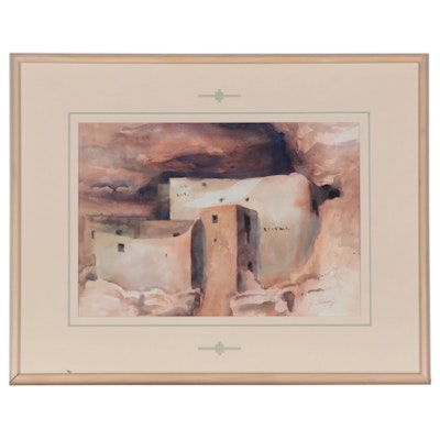 J. Fleming Watercolor Painting of Adobe Houses, Late 20th Century