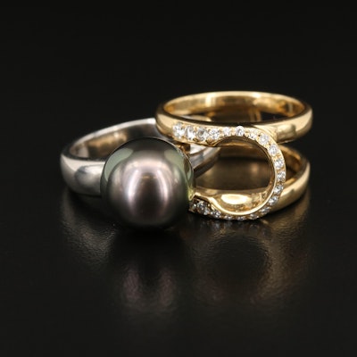 Platinum Pearl Ring with 18K Diamond Guard Band