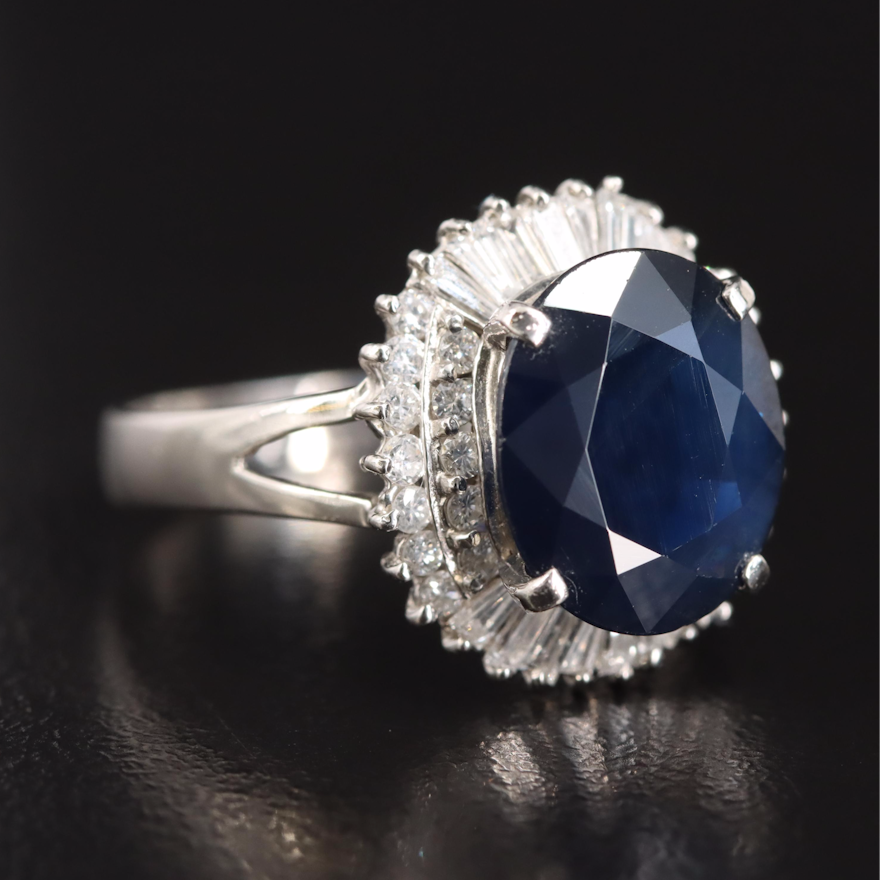 Platinum 5.61 CT Sapphire and Diamond Halo Ring with GIA Report