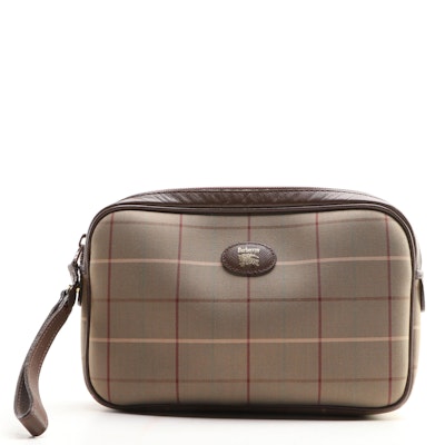 Burberrys Small Zip Pouch in Brown/Tan Check Gabardine and Brown Leather