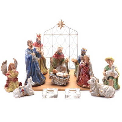Ceramic Nativity Set and Glass Candle Holders
