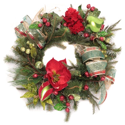 Faux Poinsettia and Ornament Decorated Pine Christmas Wreath