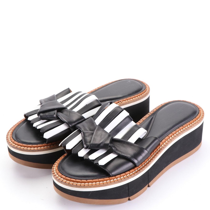 Robert Clergerie Platform Slide Sandals in Black/White Lambskin Leather