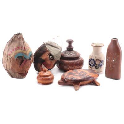Mexican with Other Carved Wooden Boxes, Ceramic Vases and Coconut Heads