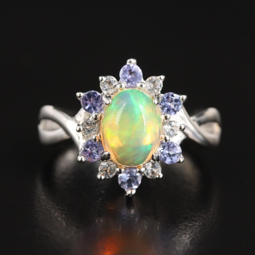 Sterling Opal, Tanzanite and Topaz Ring