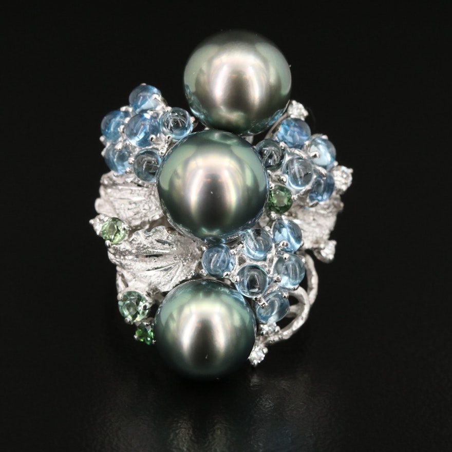 Platinum Pearl, Aquamarine, Tourmaline and Diamond Ring