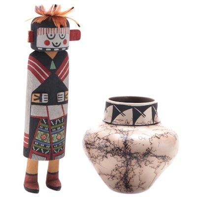 Ernie Moore Hopi Katcina Figurine with Geri Vail Navajo Horsehair Vase