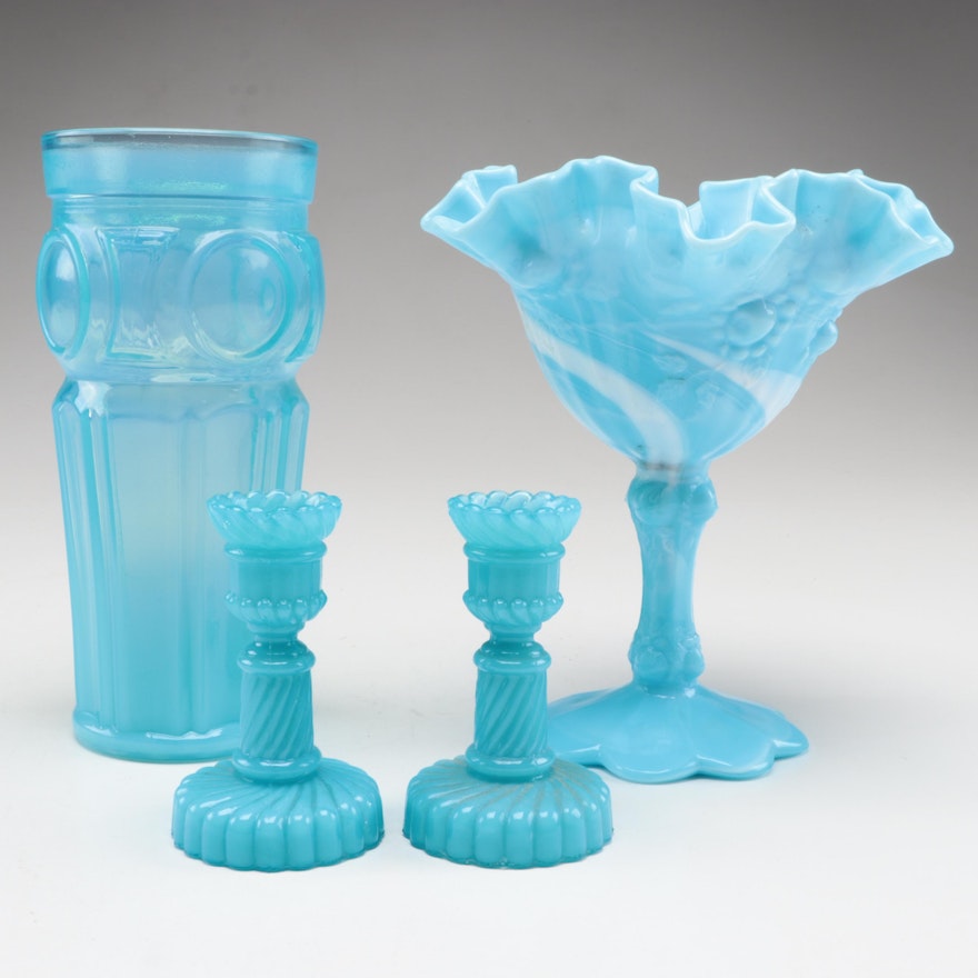 Fenton "Cabbage Rose" Marbled Slag and Other Blue Glass Tableware
