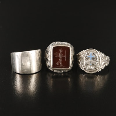 Sterling Rings Including Sard Intaglio and Enamel Accents
