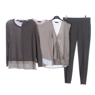Peserico Embellished Knit Sweaters, Sleeveless Silk Blouse, and Stretch Pants