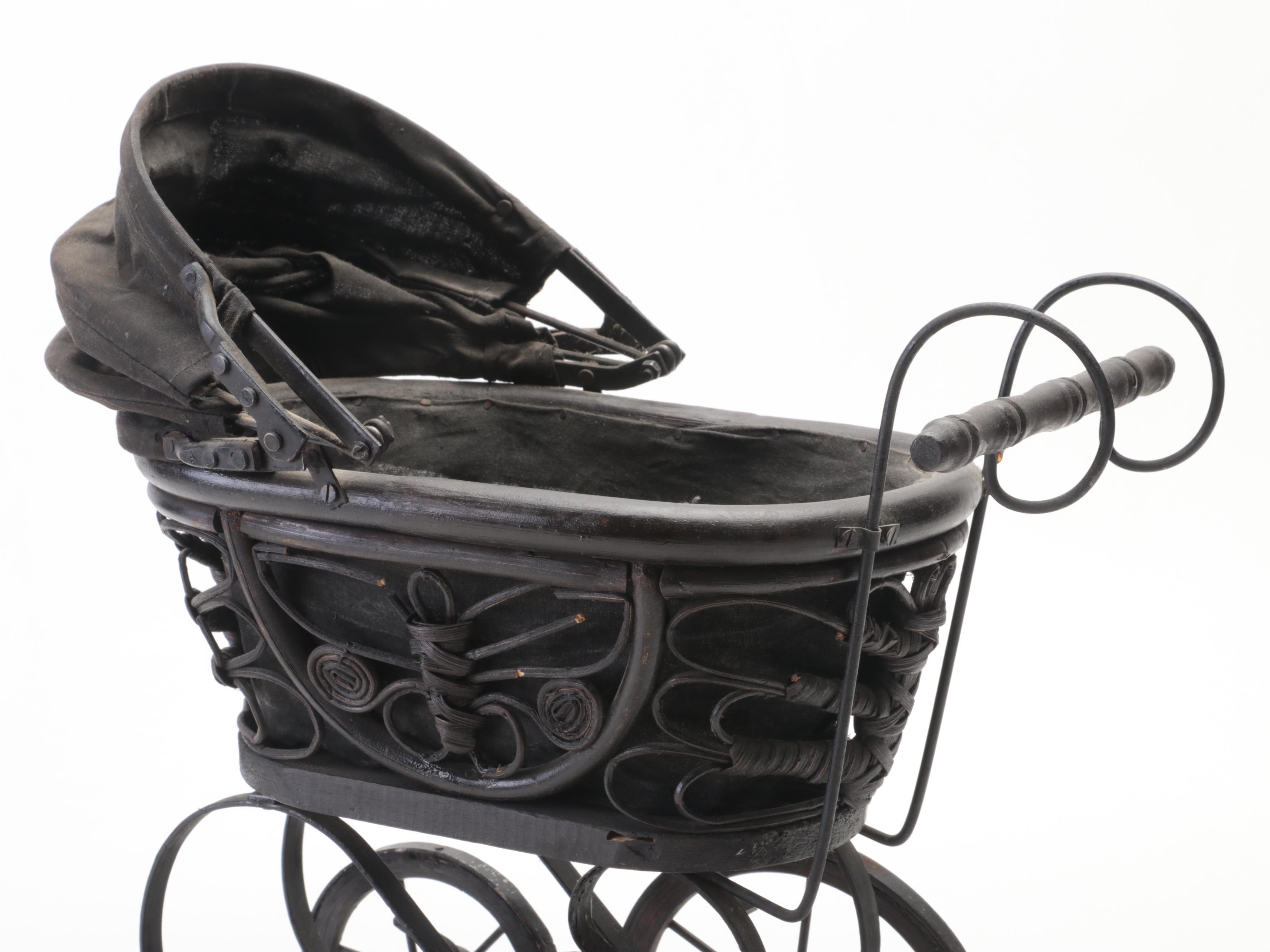 Victorian Style Rattan Baby Doll Carriage with Porcelain Doll, 20th