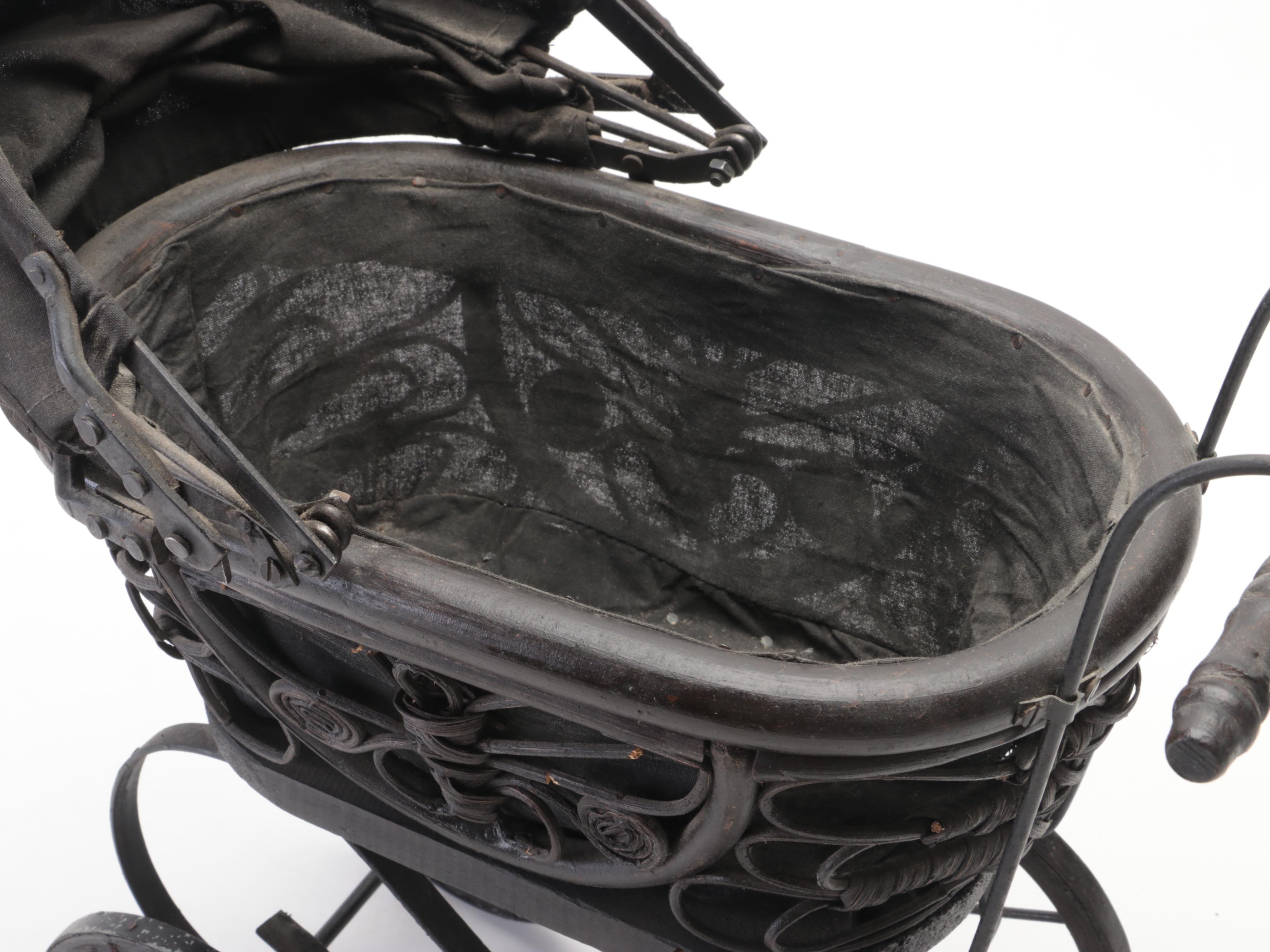 Victorian Style Rattan Baby Doll Carriage with Porcelain Doll, 20th