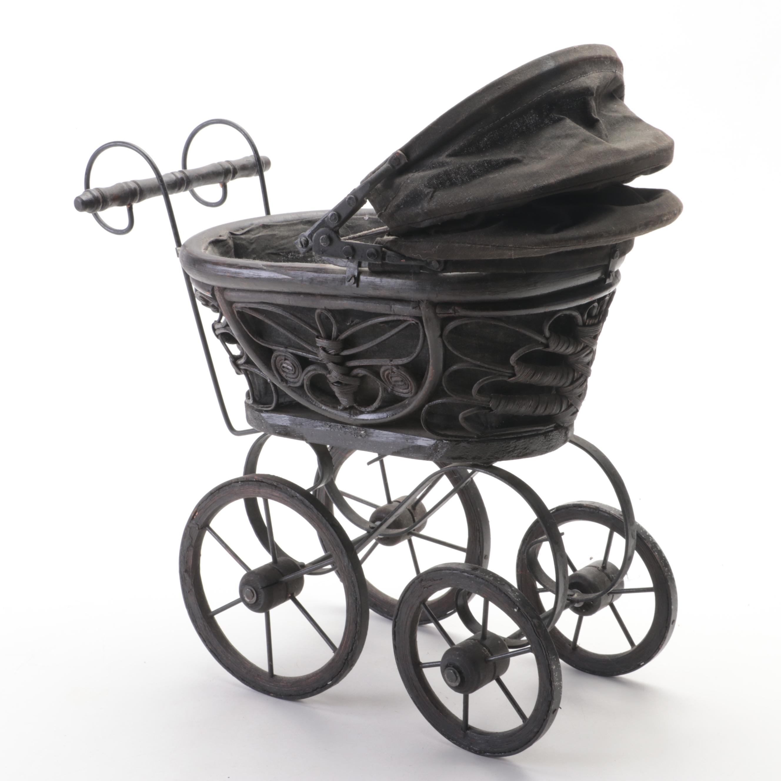 Victorian Style Rattan Baby Doll Carriage with Porcelain Doll, 20th