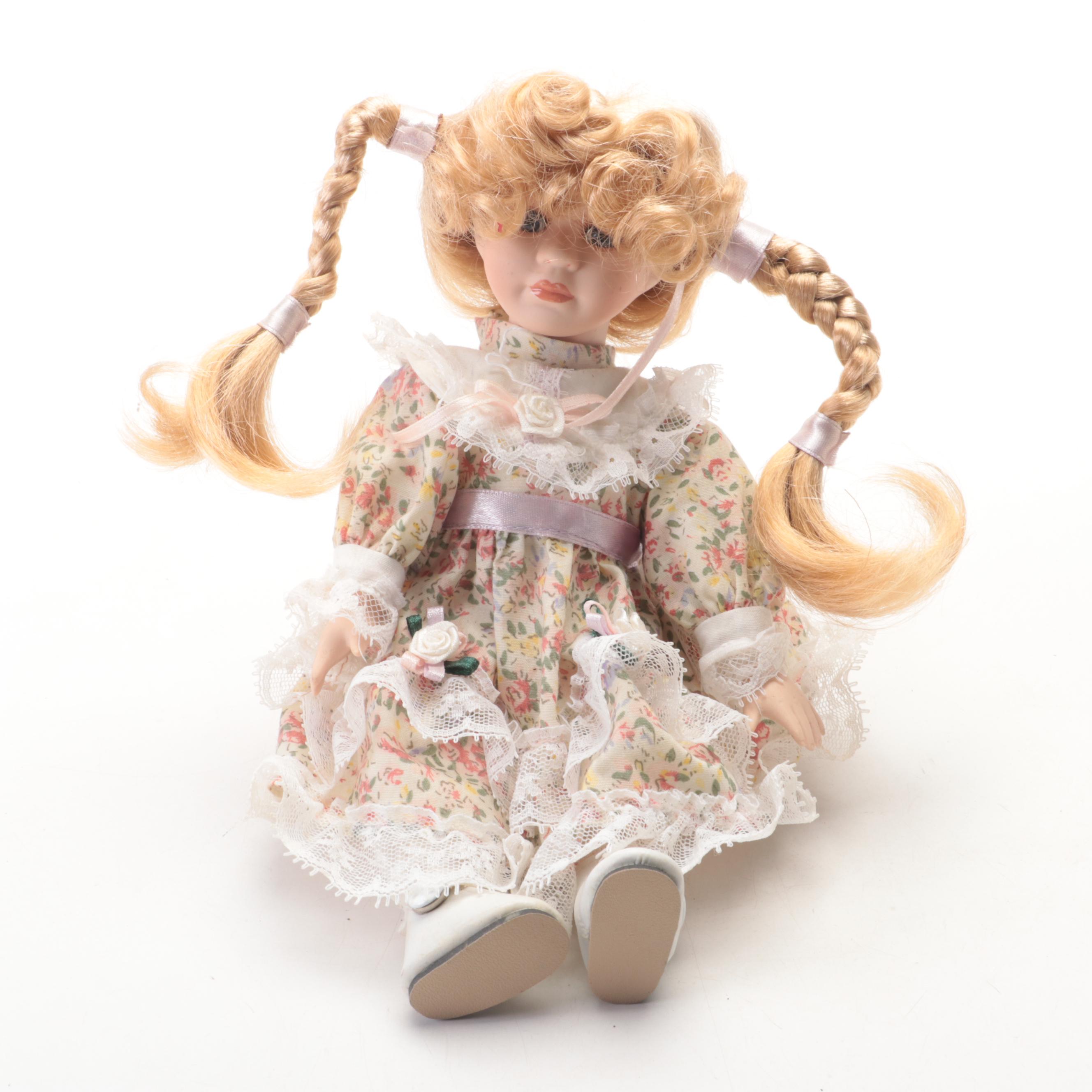 Victorian Style Rattan Baby Doll Carriage with Porcelain Doll, 20th