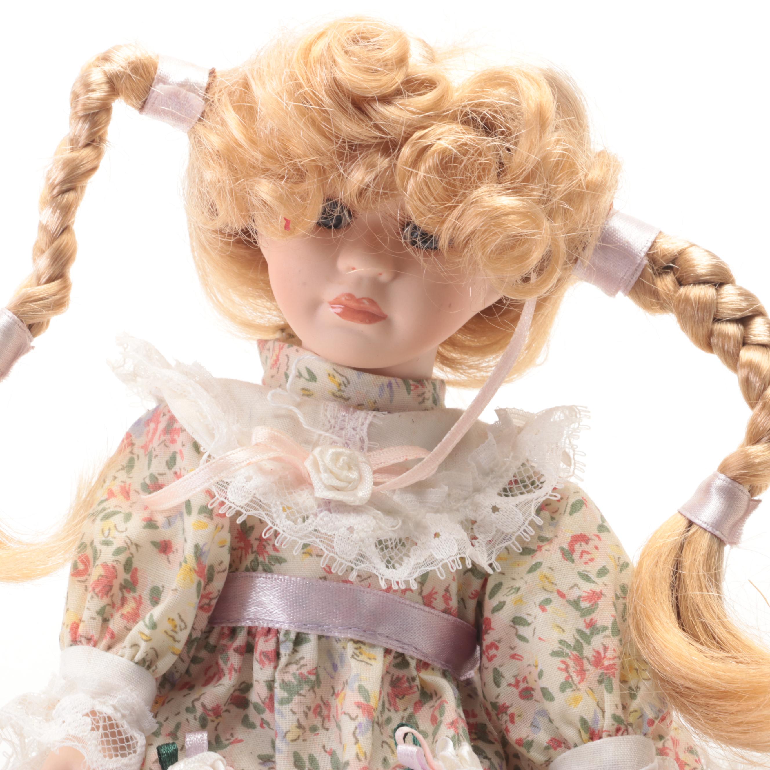 Victorian Style Rattan Baby Doll Carriage with Porcelain Doll, 20th