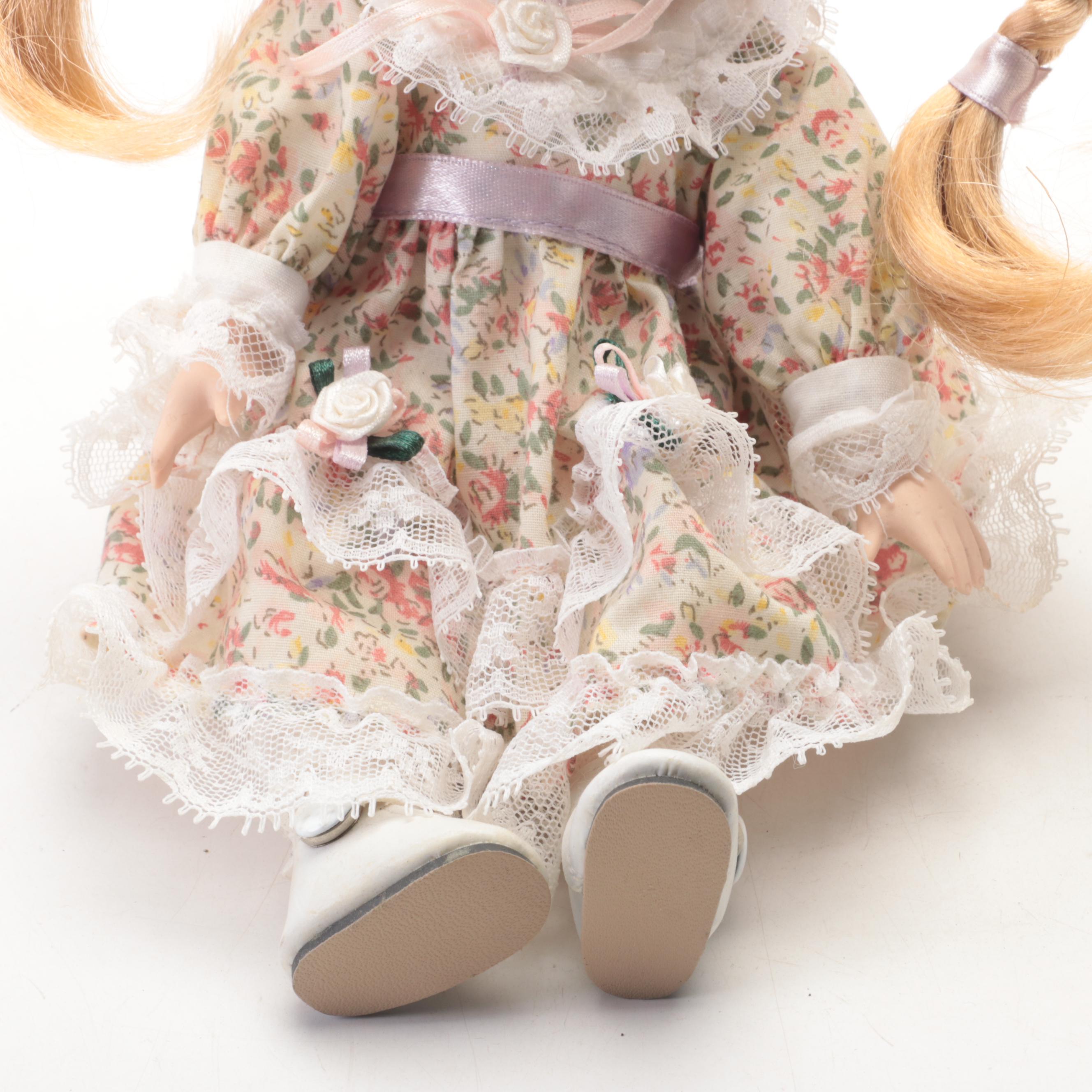 Victorian Style Rattan Baby Doll Carriage with Porcelain Doll, 20th