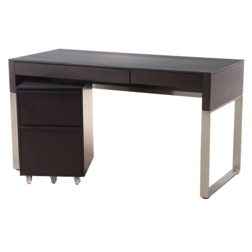BDI "Cascadia" Modernist Style Chrome Metal and Wood-Veneered Desk and File Cart
