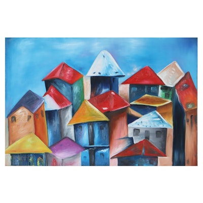 Lanre Buraimoh Abstract Acrylic Painting of Village, 2010