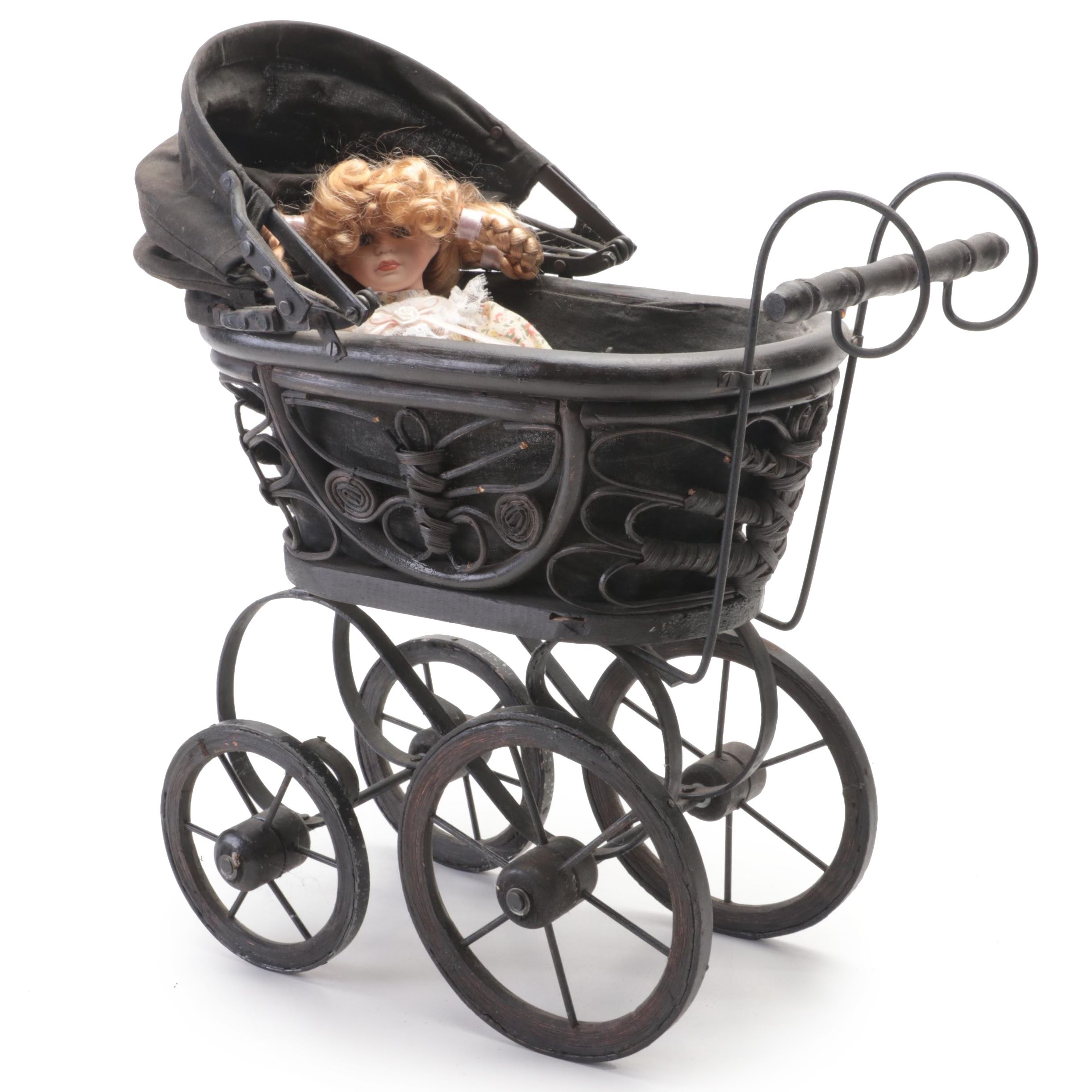 Victorian Style Rattan Baby Doll Carriage with Porcelain Doll, 20th