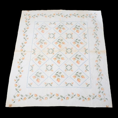 Handmade Cross-Stitch Embroidered Floral Cotton Quilt