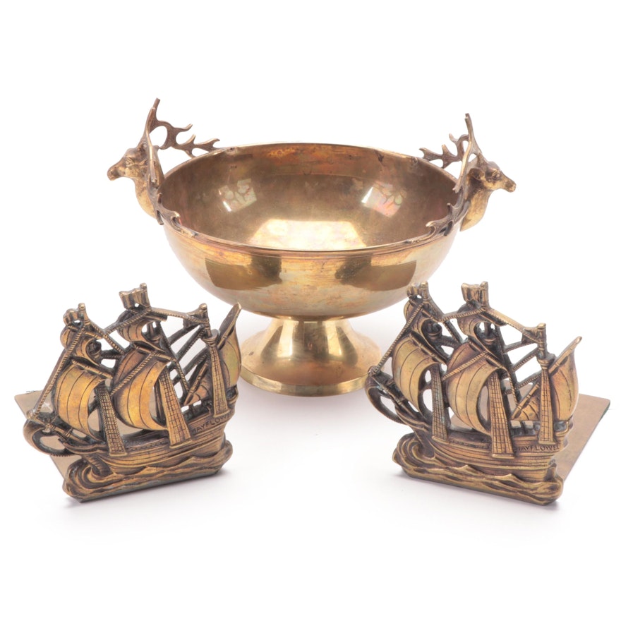 Indian Cast Brass Stag Handled Pedestal Bowl with Mayflower Bookends