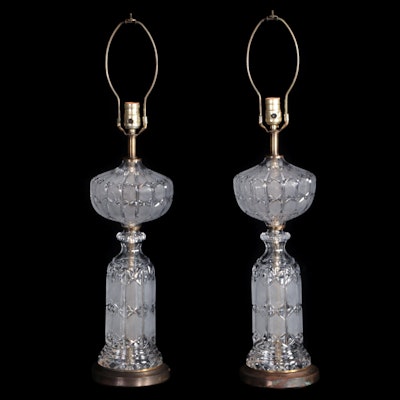 Pair of Strawberry Diamond and Fan Cut Glass Table Lamps, Mid-20th Century