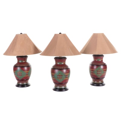 Three Southwestern Style Urn Lamps With Suede Shades, Contemporary