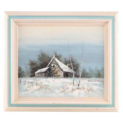 Oil Painting of Cabin In Snowy Landscape