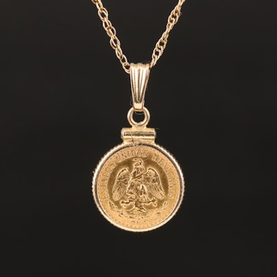 14K Pendant Necklace Holding 1945 Mexican Dos Pesos Gold Coin
