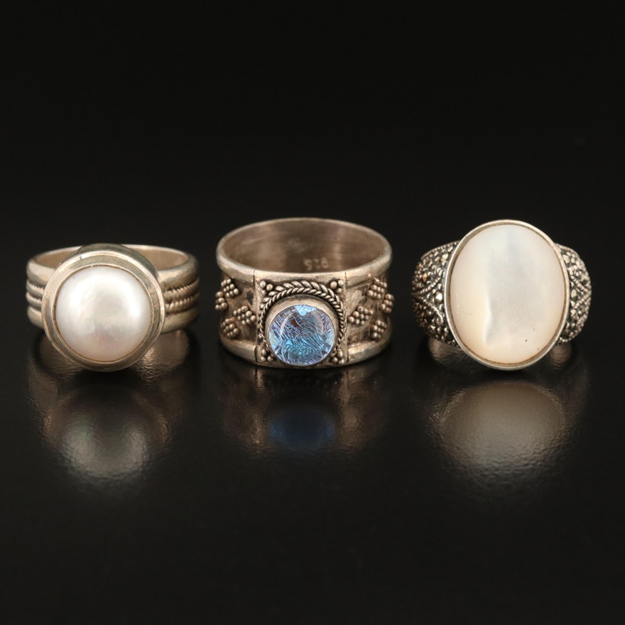 Sterling Pearl, Mother-of-Pearl and Marcasite Rings with Granulation Detail