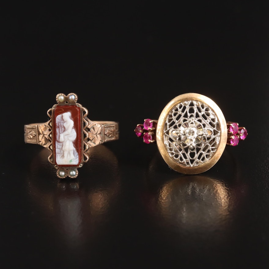 Victorian 14K Agate Cameo Ring with 10K Diamond and Ruby Filigree Ring