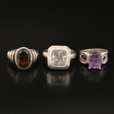 Sterling Trio of Rings Including Amethyst, Smoky Quartz and Cubic Zirconia