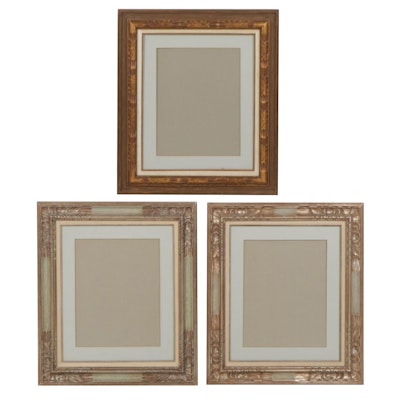 Three Mexican Carved Pine Art Frames with Linen Liners, Late 20th Century