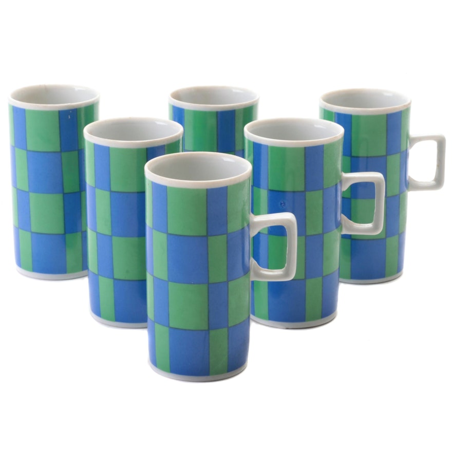 Jonas Roberts Mod Blue and Green Checkerboard Porcelain Demitasse Cups
