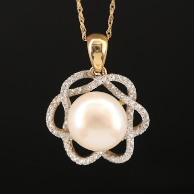 10K 10.00 mm Pearl and Diamond Pendant Necklace