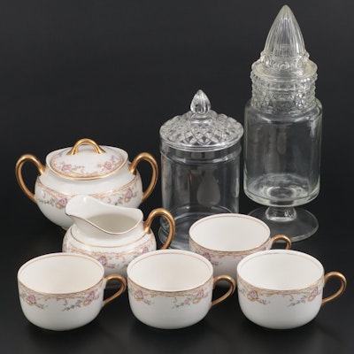 Cleveland China Co. Gilt Accented Tableware with Clear Glass Covered Jars