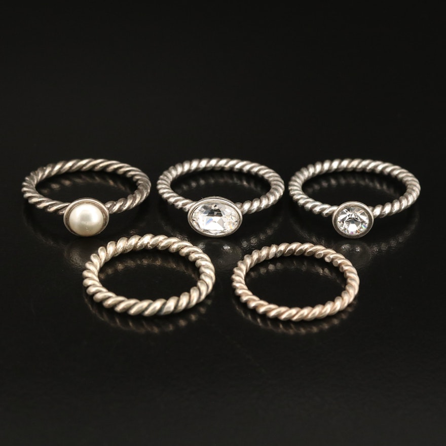 Sterling Ring Grouping Including Faux Pearl and Rhinestone