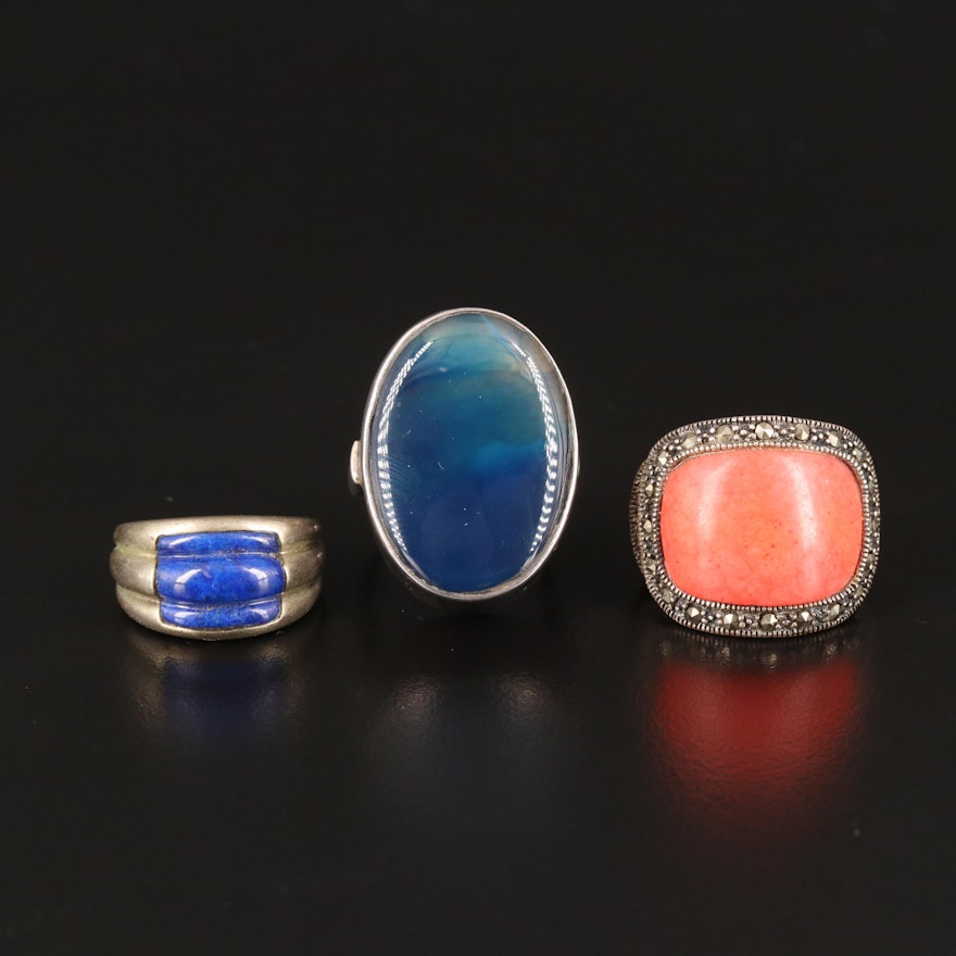 Trio of Sterling Gemstone Rings Including Agate, Lapis Lazuli and Marcasite
