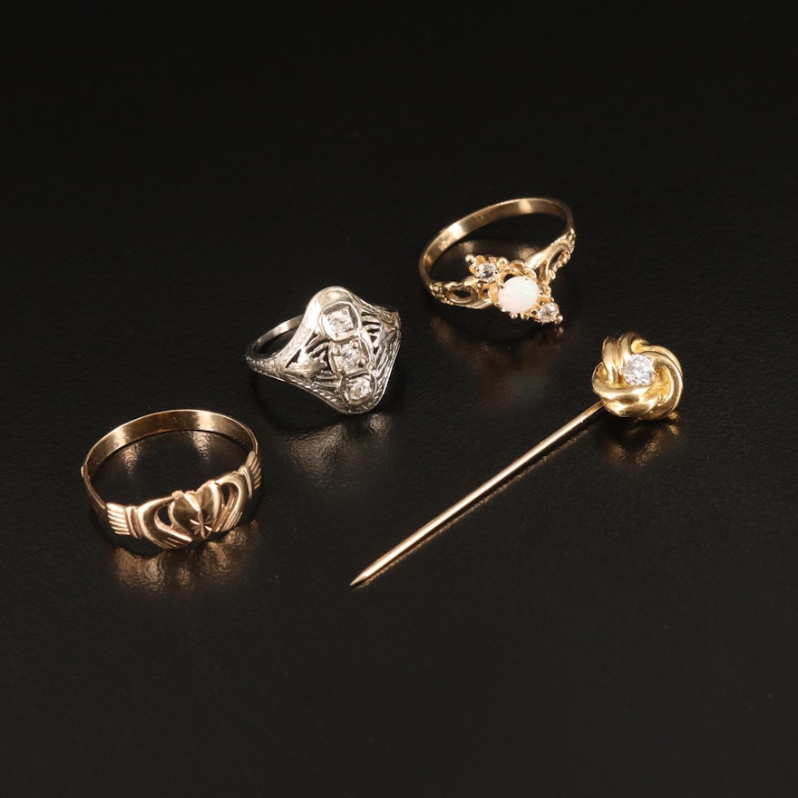 Rings and Stick Pin in 10K, 14K and 18K with Diamonds and Opal