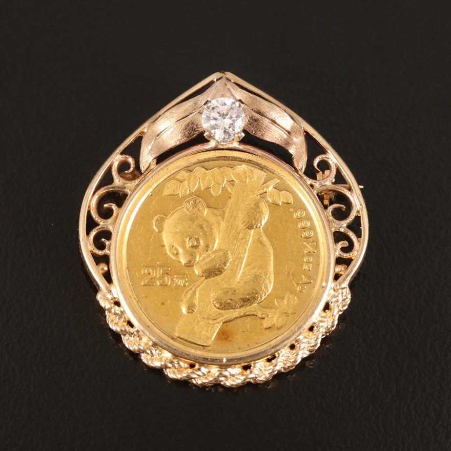 14K 0.30 CT Diamond Brooch Holding a 1996 China 25 Yuan Panda Gold Bullion Coin