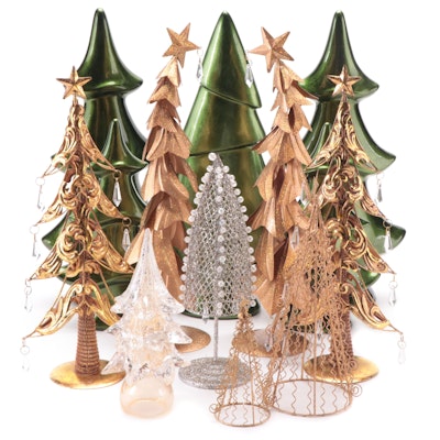 Pier One and Other Ceramic and Metal Christmas Trees with Gold Flake Glass Tree