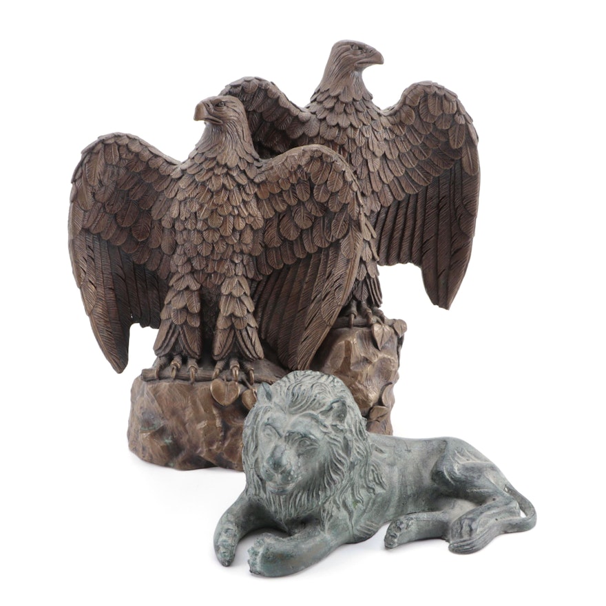 Dewitt Double Eagle Cast Resin with Patinated Brass Lion Figurines
