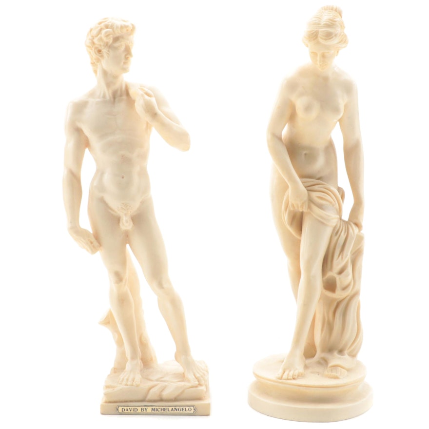 A. Santini Neoclassical Resin Aphrodite and David Figurines