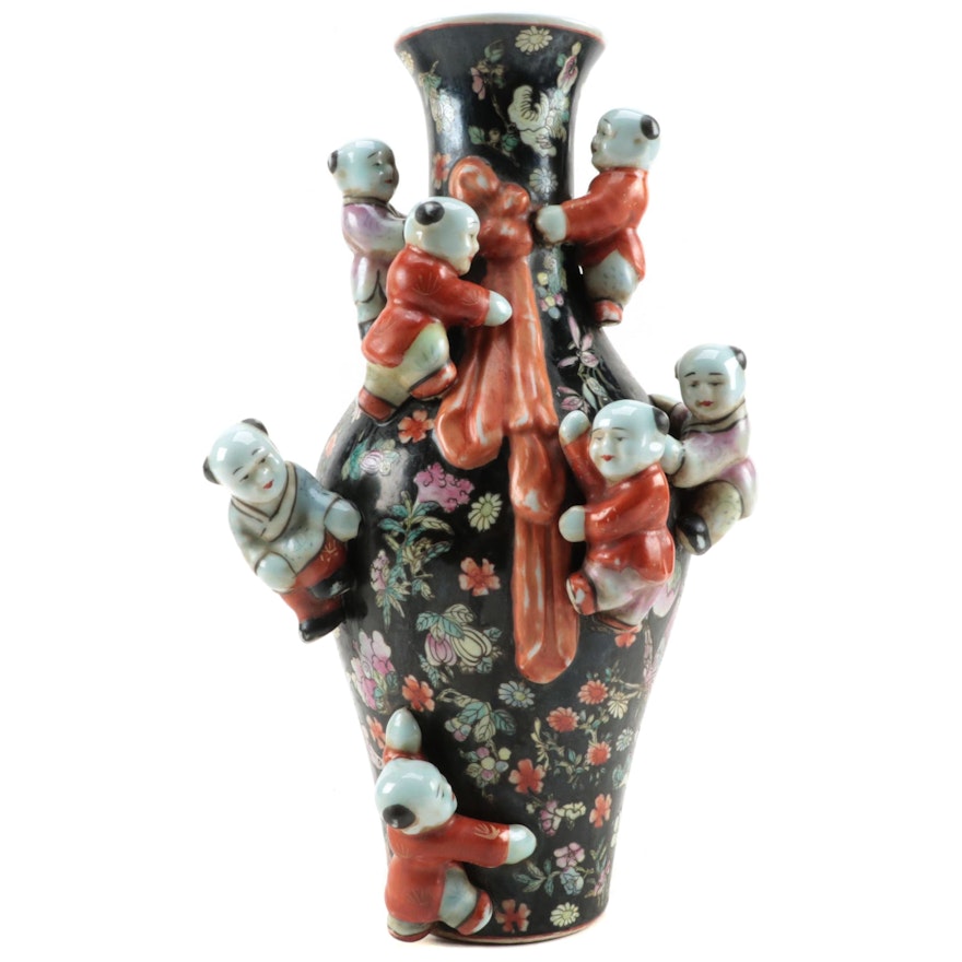 Chinese Famille Noire Fertility Children Porcelain Vase