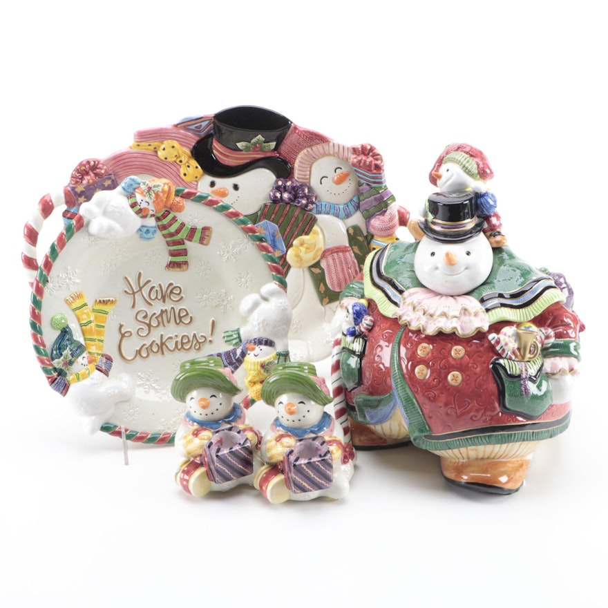 Fitz and Floyd "Snow Guys" Ceramic Cookie Jar, Plates and Candle Holders